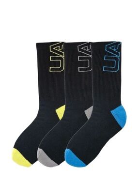 Under Armour Black Crew Athletic Socks with Yellow, Gray & Blue Accents - 3 Pack